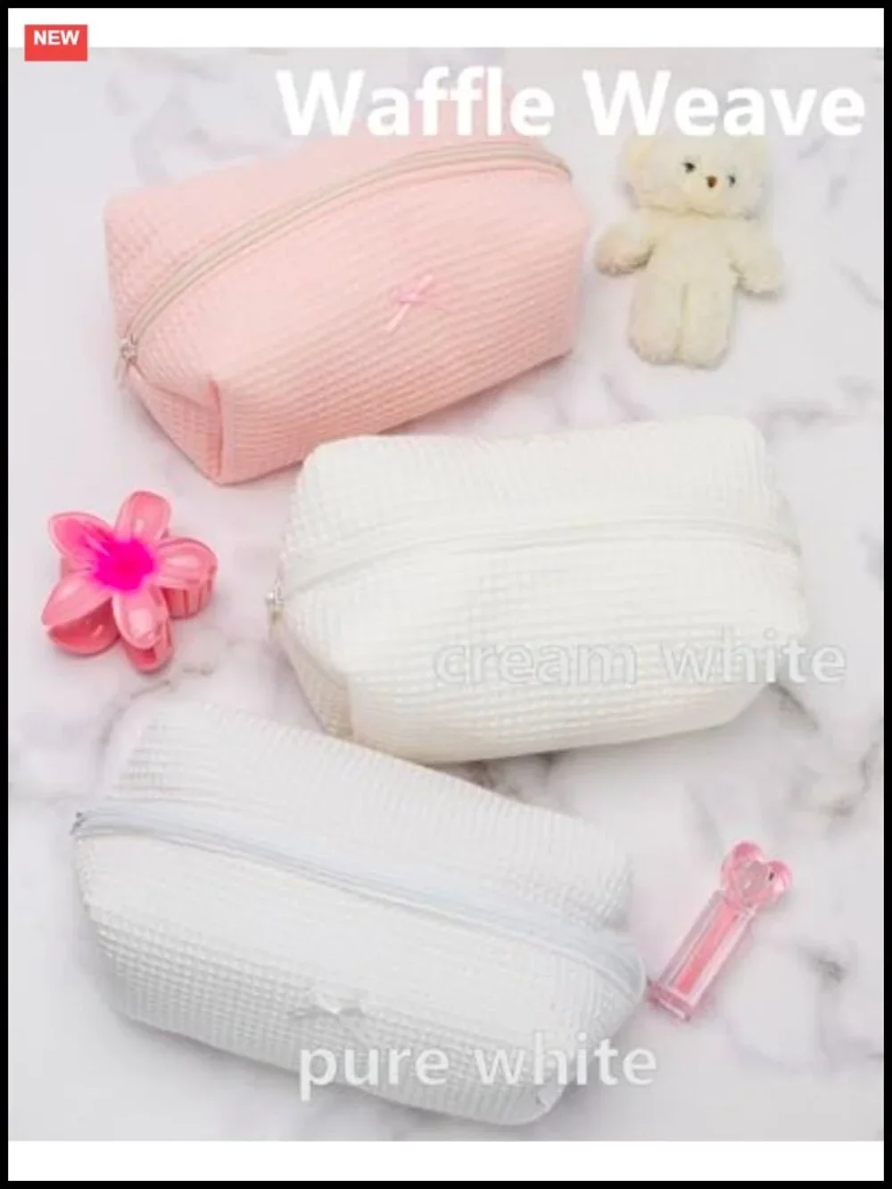 6 Pack Waffle Cosmetic Bag Set with Zipper, Makeup Pouch Organizer for Travel &
